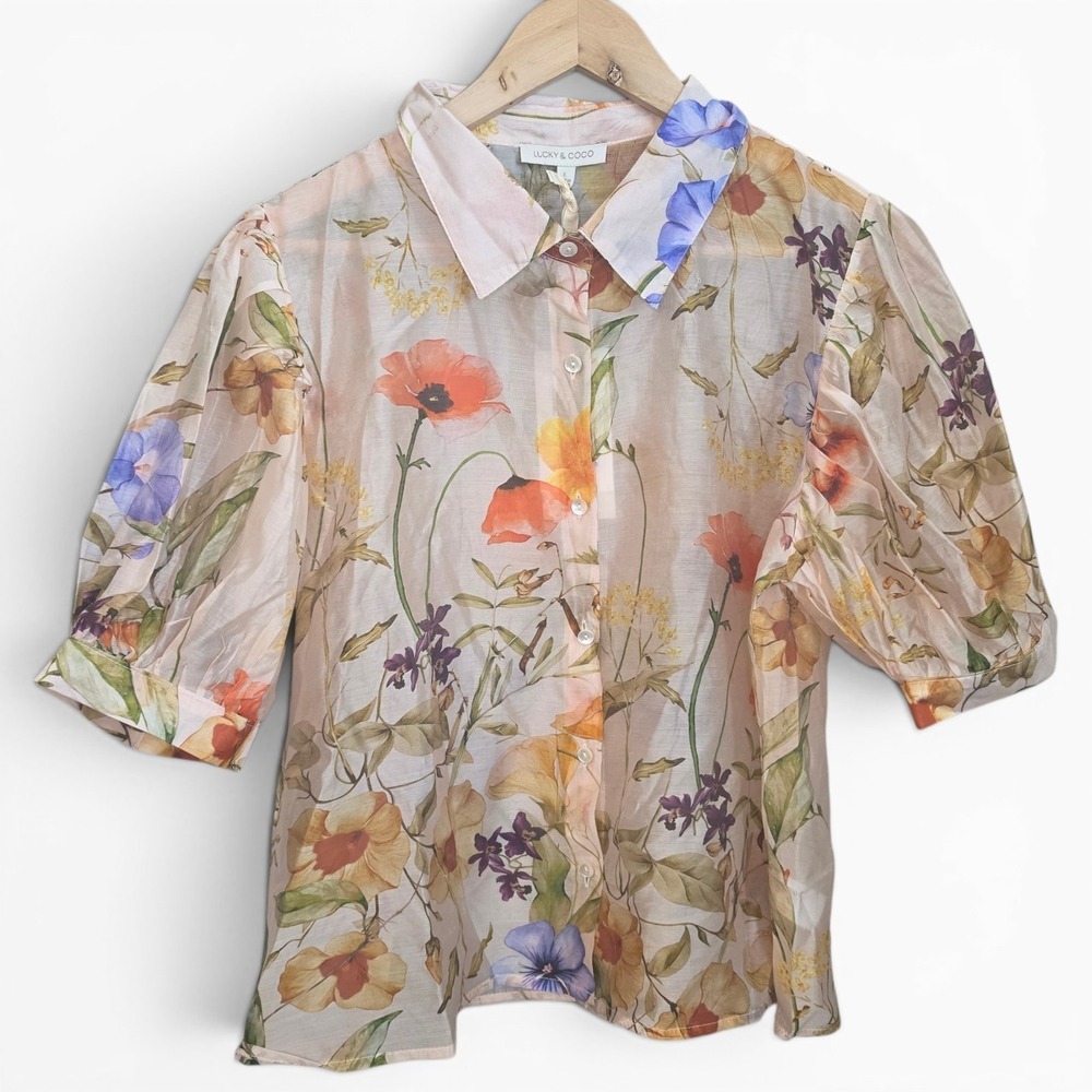 Lucky & Coco Top Womens Large Beige Floral Print Blouse Sheer Button Crop Casual